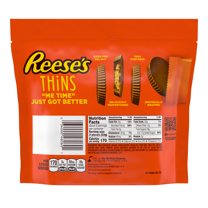 REESE’S THiNS Milk Chocoalte Peanut Butter Cups Snack Size 7.37oz Candy Bag - THE HERSHEY COMPANY